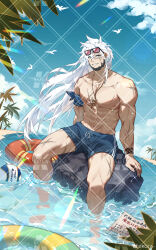 Rule 34 | 1boy, abs, absurdres, alchemy stars, alternate costume, bara, barton (alchemy stars), beach, blue male swimwear, eyewear on head, feet out of frame, highres, jewelry, kotakun, large pectorals, long hair, male focus, male swimwear, muscular, muscular male, necklace, nipples, pectorals, scar, sitting, smile, solo, sparkle, stomach, sunglasses, swim trunks, thighs, topless male, water, white hair