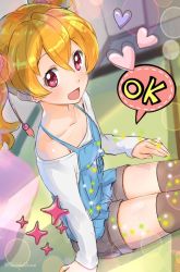 Rule 34 | 00s, 1girl, artist name, black footwear, black thighhighs, blonde hair, blush, collarbone, dutch angle, english text, eyebrows, fresh precure!, from above, hair between eyes, heart, long hair, momozono love, on floor, precure, red eyes, shiitake urimo, shoes, sitting, solo, sparkle, speech bubble, star (symbol), tatami, thighhighs, twintails, twitter username