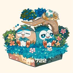 Rule 34 | alternate color, bird, bush, closed eyes, closed mouth, commentary request, creatures (company), egg, flower, game freak, gen 7 pokemon, grass, leaf, nest, nintendo, no humans, owl, pink flower, pokedex number, pokemon, pokemon (creature), roots, rowlet, shino (shinoru p), shiny and normal, shiny pokemon, sitting, talons