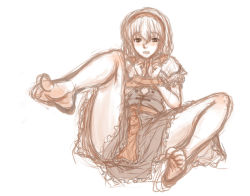 Rule 34 | 1girl, alice margatroid, bare legs, barefoot, blue dress, blush, capelet, dress, full body, hairband, kuro suto sukii, looking at viewer, open mouth, outstretched foot, outstretched leg, sash, simple background, sitting, sketch, solo, spread legs, touhou, white background