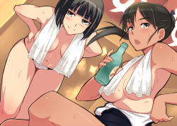 Rule 34 | 2girls, bikini, black hair, blush, bottle, breasts, brown eyes, censored nipples, convenient censoring, em (totsuzen no hakike), etou toshiko, hand fan, kitagou fumika, large breasts, leaning forward, multiple girls, one-piece swimsuit, ponytail, strike witches, strike witches zero, sweat, swimsuit, tan, tanline, towel, towel around neck, towel over breasts, wakamoto tetsuko, world witches series