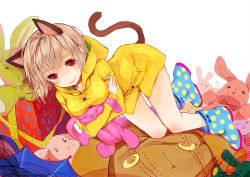 Rule 34 | 1girl, animal ears, bare legs, boots, breast rest, breasts, carried breast rest, carrying, cat ears, cat tail, hood, hoodie, light brown hair, no pants, original, red eyes, short hair, solo, soono (rlagpfl), stuffed animal, stuffed rabbit, stuffed toy, tail