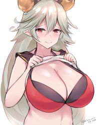 Rule 34 | 1girl, bikini, blush, breasts, cleavage, clothes lift, collar, draph, granblue fantasy, grey hair, hair between eyes, horns, huge breasts, kuavera, long hair, looking at viewer, pointy ears, red bikini, red eyes, sailor, shirt, shirt lift, simple background, smile, solo, swimsuit, t-shirt, threo (granblue fantasy), very long hair, white background, white shirt