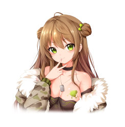 Rule 34 | 1girl, 2girls, absurdres, bare shoulders, black choker, bloody0rabby, blush, bow, breasts, brown dress, brown hair, brown jacket, camouflage, camouflage jacket, choker, cleavage, closed mouth, collarbone, double bun, dress, fingernails, fur-trimmed jacket, fur trim, girls&#039; frontline, green bow, green eyes, hair between eyes, hair bow, hair bun, hand up, head tilt, highres, jacket, long sleeves, looking at viewer, medium breasts, multiple girls, nail polish, off shoulder, pink nails, rfb (girls&#039; frontline), side bun, simple background, smile, solo, white background