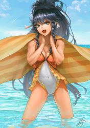 Rule 34 | 1girl, beach, black hair, blue eyes, braid, breasts, cleavage, covered navel, day, fire emblem, hair between eyes, long hair, medium breasts, nintendo, one-piece swimsuit, open mouth, outdoors, smile, solo, standing, swimsuit, tana (fire emblem), tana (summer) (fire emblem), twin braids, very long hair, wading