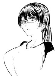 Rule 34 | 1girl, bad id, bad tumblr id, breasts, cropped arms, earrings, glasses, greyscale, hair between eyes, highres, hometa, jewelry, large breasts, looking at viewer, monochrome, ponytail, shirt, simple background, solo, white background