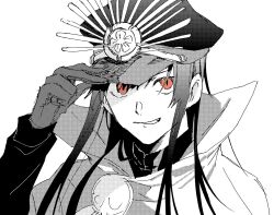 Rule 34 | 1girl, adjusting clothes, adjusting headwear, cape, fate (series), gloves, greyscale, grin, hand up, hat, koha-ace, long sleeves, looking at viewer, monochrome, noz 2to, oda nobunaga (fate), oda nobunaga (koha-ace), oda uri, peaked cap, portrait, red eyes, red theme, simple background, smile, smirk, solo, spot color