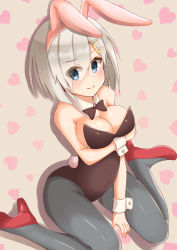 Rule 34 | 10s, 1girl, absurdres, alternate costume, animal ears, bad id, bad pixiv id, blue eyes, bow, bowtie, breasts, cleavage, detached collar, fake animal ears, hair over one eye, hamakaze (kancolle), highres, kantai collection, kapatarou, large breasts, long hair, pantyhose, pink hair, playboy bunny, rabbit ears, rabbit tail, short hair, silver hair, sitting, tail, wariza, wrist cuffs