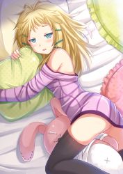 Rule 34 | 10s, 1girl, bed sheet, black bullet, blonde hair, blue eyes, blush, frilled pillow, frills, hair ornament, highres, kazenokaze, looking at viewer, lying, on side, pillow, solo, stuffed animal, stuffed rabbit, stuffed toy, tina sprout
