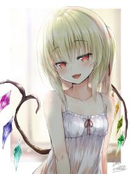 Rule 34 | 1girl, :d, absurdres, artist name, bare arms, bare shoulders, blonde hair, blush, border, breasts, camisole, collarbone, commentary request, crystal, fangs, flandre scarlet, frills, hair between eyes, hair ribbon, head tilt, highres, looking at viewer, no headwear, one side up, open mouth, outside border, red eyes, red ribbon, ribbon, signature, small breasts, smile, solo, spaghetti strap, tirotata, touhou, twitter username, upper body, white border, window, wings