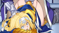 Rule 34 | 1boy, 1girl, alice zuberg, arm behind back, arm grab, armor, artistic error, blonde hair, blue dress, blue eyes, boots, bottomless, bow, braid, clothes lift, dress, dress lift, gauntlets, glaring, gold armor, gold footwear, gold gloves, hair between eyes, hair bow, hand on another&#039;s head, headpiece, hetero, long hair, looking at viewer, open mouth, pushing, pushing down, rape, scowl, sex, sweatdrop, sword art online, sword art online: alicization, top-down bottom-up, toranpo rintarou, white bow