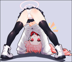 Rule 34 | 1girl, ass, black skirt, black thighhighs, blue archive, blush, cameltoe, cleft of venus, green halo, halo, long hair, long sleeves, looking at viewer, looking through own legs, mutsuse, natsu (blue archive), neckerchief, panties, pink hair, pink halo, purple background, red eyes, red neckerchief, simple background, skirt, solo, thighhighs, top-down bottom-up, underwear, upside-down, white footwear, white panties