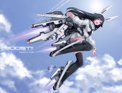 Rule 34 | 1girl, aircraft, airplane, artist name, bad id, bad pixiv id, black hair, black thighhighs, blue panties, blue sky, cancell, cloud, cloudy sky, contrail, day, fang, flying, from below, grey eyes, hair flaps, jet, long hair, mecha musume, mechanical wings, neckerchief, open mouth, original, panties, school uniform, science fiction, serafuku, skirt, sky, solo, striped clothes, striped panties, thighhighs, underwear, white panties, wings