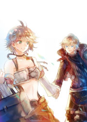 Rule 34 | 1boy, 1girl, blonde hair, blue eyes, case, detached sleeves, fiora (xenoblade), green eyes, holding hands, happy, hetero, jewelry, looking at another, midriff, nadir, necklace, nintendo, open mouth, pendant, pulling, short hair, shulk (xenoblade), tank top, vest, xenoblade chronicles 1, xenoblade chronicles (series)