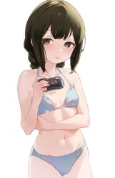 Rule 34 | 1girl, bikini, blue bikini, blush, braid, brown hair, character request, check character, commentary request, cowboy shot, groin, halterneck, highres, holding, isonami (kancolle), kantai collection, long hair, looking at viewer, navel, parted lips, petite, sakieko, simple background, solo, swimsuit, underwear, underwear only, white background