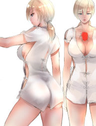 Rule 34 | 1girl, ass, blonde hair, blue eyes, breasts, cleavage, gem, jill valentine, large breasts, long hair, nagare, navel, resident evil, resident evil 5, simple background, solo, white background