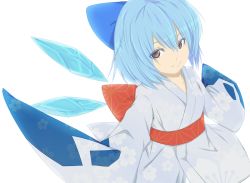 Rule 34 | 1girl, adapted costume, alternate eye color, bad id, bad pixiv id, blue hair, bow, brown eyes, cirno, cosplay, creatures (company), detached wings, froslass, game freak, gen 4 pokemon, hair bow, ice, ice wings, japanese clothes, long sleeves, nintendo, pokemon, short hair, smile, solo, touhou, white background, wide sleeves, wings, yamai tsuki