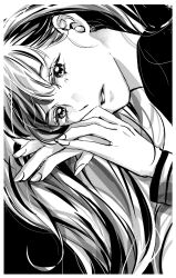 Rule 34 | 1girl, border, bright pupils, eyelashes, fingernails, greyscale, hair behind ear, hair flowing over, highres, lips, long fingernails, long hair, looking away, monochrome, original, parted lips, saitou shiori (pixiv14549321), simple background, sleeve cuffs, solo, teeth