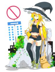 Rule 34 | 1girl, alternate costume, bag, bare shoulders, belt, black thighhighs, blonde hair, brown eyes, camisole, casual, female focus, food, haseneko, hat, kirisame marisa, long hair, navel, one eye closed, popsicle, road sign, shoes, shorts, sign, sneakers, solo, strap slip, thighhighs, touhou, wink, witch, witch hat