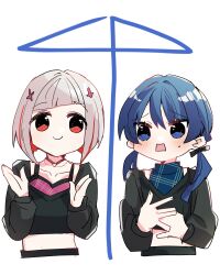 Rule 34 | 2girls, ai ai gasa, black choker, black jacket, black ribbon, blue eyes, blue hair, blue shirt, blush, bob cut, check commentary, choker, collarbone, colored inner hair, commentary request, cropped jacket, cropped torso, dark blue hair, diagonal bangs, dollchestra, embarrassed, hair ornament, hands on own chest, hands up, happy, highres, inverted bob, jacket, kanduki kamibukuro, link! like! love live!, long hair, long sleeves, looking at viewer, love live!, low twintails, midriff, multicolored hair, multiple girls, murano sayaka, o-ring, o-ring choker, open hands, pink shirt, rectangular mouth, red eyes, red hair, ribbon, shirt, short hair, sleeveless, sleeveless shirt, small sweatdrop, smile, streaked hair, swept bangs, twintails, upper body, yugiri tsuzuri