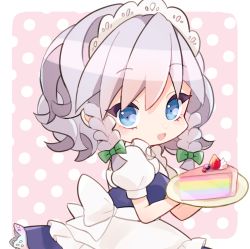 Rule 34 | 1girl, aji (pokedegi), apron, blue dress, blue eyes, bow, braid, cake, cake slice, chibi, dress, food, fruit, green bow, grey hair, hair bow, highres, holding, izayoi sakuya, looking at viewer, maid headdress, open mouth, pink background, plate, polka dot, polka dot background, puffy short sleeves, puffy sleeves, rainbow gradient, short sleeves, smile, solo, strawberry, touhou, twin braids, unconnected marketeers
