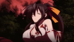 Rule 34 | 10s, 1girl, animated, animated gif, bouncing breasts, breasts, demon girl, closed eyes, high school dxd, himejima akeno, huge breasts, japanese clothes, lowres, miko, nipple slip, nipples, ponytail, screencap, torn clothes