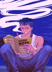 Rule 34 | 1boy, absurdres, angry, bad id, bad pixiv id, biceps, blue hair, book, cu chulainn (fate), cu chulainn (fate/stay night), denim, fate/stay night, fate (series), highres, holding, holding book, huge filesize, jeans, long hair, male focus, moto (otemoto02), muscular, muscular male, outdoors, pants, ponytail, red eyes, sky, smoke, smoking, solo, spiked hair, squatting, tank top, white tank top, writing