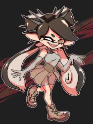 bare_shoulders black_background black_hair boots callie_(splatoon) gloves highres inkling mole mole_under_eye nintendo one_eye_closed pants skirt splatoon_(series) splatoon_3 tentacle_hair white_footwear white_gloves white_pants white_skirt yellow_eyes yellowllich