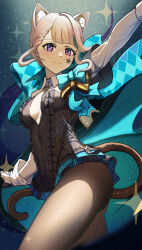 Rule 34 | 1girl, absurdres, animal ear fluff, animal ears, aqua bow, arm up, bow, breasts, cat ears, cat tail, commentary request, cowboy shot, genshin impact, gloves, grey hair, highres, looking at viewer, lynette (genshin impact), medium breasts, pantyhose, purple eyes, short hair, smile, solo, standing, tail, thighs, yellow glasses (odivichno)