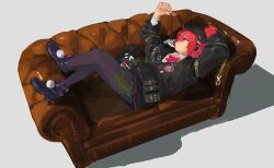 Rule 34 | 1girl, ahoge, arm behind head, beret, black hat, black jacket, black pantyhose, boots, bow, bowtie, candy, closed mouth, collared shirt, commentary request, couch, crossed legs, expressionless, feet up, food, full body, girls&#039; frontline, gun, h&amp;k mp7, hand up, hat, headphones, highres, holding, holding candy, holding food, holding lollipop, jacket, lollipop, long sleeves, looking at food, looking up, lying, mp7 (girls&#039; frontline), on back, on couch, open clothes, open jacket, pantyhose, partially unzipped, pom pom (clothes), qyuandee3, red hair, shadow, shirt, short ponytail, solo, striped bow, striped bowtie, striped clothes, submachine gun, thigh sheath, weapon, white background, white shirt, yellow eyes