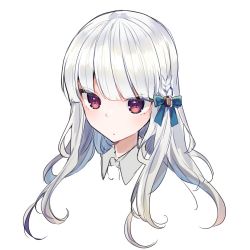Rule 34 | 1girl, bad id, bad twitter id, blue ribbon, blush, braid, closed mouth, collared shirt, commentary request, copyright request, grey shirt, hair ribbon, ikeuchi tanuma, long hair, portrait, red eyes, ribbon, shirt, silver hair, simple background, solo, white background, wing collar