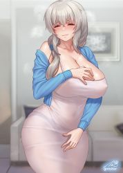 Rule 34 | 1girl, artist name, black panties, blue cardigan, blurry, blurry background, blush, breasts, cardigan, cleavage, closed eyes, collarbone, couch, covered erect nipples, covered navel, cowboy shot, crossed bangs, dress, embarrassed, facing viewer, forced smile, gonster, grey dress, grey hair, hair between eyes, hair over shoulder, hand on own chest, highres, huge breasts, large breasts, long hair, long sleeves, no bra, open cardigan, open clothes, panties, pantylines, purple panties, see-through, solo, standing, steaming body, underwear, uzaki-chan wa asobitai!, uzaki tsuki, white dress