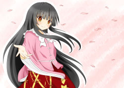 Rule 34 | 1girl, bamboo, black hair, blouse, cherry blossoms, female focus, hime cut, houraisan kaguya, itsuse (asahi-kazuka), long hair, looking at viewer, open hand, outline, pink background, shirt, sidelocks, skirt, smile, solo, touhou, very long hair, wind, yellow eyes