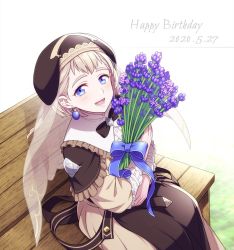 Rule 34 | 1girl, bench, blonde hair, blue eyes, bow, dated, dress, earrings, fire emblem, fire emblem: three houses, flower, happy birthday, hiyori (rindou66), holding, jewelry, long sleeves, mercedes von martritz, nintendo, open mouth, short hair, sitting, solo, veil