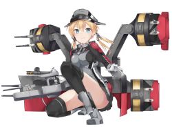 Rule 34 | 10s, 1girl, blonde hair, blue eyes, gloves, hair ornament, hat, kantai collection, long hair, machinery, monobe tsukuri, peaked cap, prinz eugen (kancolle), revision, simple background, smile, solo, turret, twintails, uniform