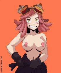 Rule 34 | 1girl, animated, animated gif, baggy pants, black gloves, blush, boku no hero academia, breasts, collarbone, gloves, goggles, goggles on head, hatsume mei, large breasts, looking at viewer, medium breasts, medium hair, moikaloop, navel, nipples, orange background, pants, pink hair, smile, solo, stomach, symbol-shaped pupils, topless, yellow eyes