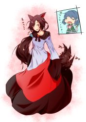 Rule 34 | 2girls, animal ears, blue hair, box, brooch, brown hair, collarbone, dress, drill hair, fins, fish tail, gift, gift box, hair ornament, hairclip, happy, head fins, hotorincho, imaizumi kagerou, japanese clothes, jewelry, kimono, long hair, long sleeves, mermaid, monster girl, multiple girls, obi, red eyes, sash, tail, tail wagging, touhou, wakasagihime, wide sleeves, wolf ears, wolf tail