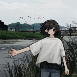 Rule 34 | 1girl, absurdres, arm at side, black eyes, black hair, black undershirt, bob cut, bridge, building, closed mouth, cowboy shot, denim, expressionless, floating hair, flock, grass, highres, jeans, mountainous horizon, original, outdoors, outstretched arm, overcast, pants, river, riverbank, scenery, shirt, short hair, short sleeves, sky, solo, tall grass, town, tree, uniunimikan, white shirt, wind