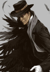 Rule 34 | 1boy, belt, belt buckle, black feathers, black hair, black wings, buckle, feathers, formal, gloves, grey background, hat, male focus, mayumio88, original, parted lips, red eyes, scarf, shiny skin, short hair, simple background, smile, solo, suit, torn clothes, torn hat, upper body, white gloves, white scarf, wings