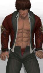 Rule 34 | 1boy, abs, absurdres, bara, bare pectorals, beard stubble, black hair, black pants, bulge, chest hair, closed mouth, collared shirt, cowboy shot, facial hair, fur-trimmed jacket, fur trim, highres, jacket, kamii (gloominny), large pectorals, looking at viewer, male focus, male underwear, male underwear peek, mature male, miguel caballero rojo, muscular, muscular male, mustache stubble, navel, navel hair, nipples, open clothes, open fly, open jacket, open pants, open shirt, pants, pectorals, red male underwear, seductive smile, shirt, short hair, smile, solo, sparse chest hair, sparse navel hair, sparse stubble, stubble, tekken, tekken 7, underwear, white shirt