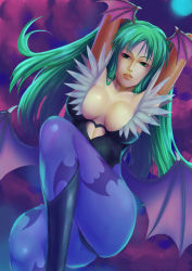 Rule 34 | 1girl, animal print, arms behind head, bare shoulders, bat print, bat wings, boots, breasts, capcom, cleavage, clothing cutout, collarbone, demon girl, elbow gloves, gloves, green eyes, green hair, head wings, heart, heart cutout, large breasts, leotard, lips, long hair, looking at viewer, masa0430, matching hair/eyes, morrigan aensland, nose, open mouth, pantyhose, print pantyhose, realistic, smile, solo, vampire (game), wings