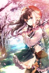 Rule 34 | 1girl, bad id, bad pixiv id, bag, black legwear, blue eyes, braid, brown hair, cherry blossoms, day, dress, flower, green dress, hair blowing, handbag, hat, highres, holding, holding flower, looking at viewer, original, outdoors, parted lips, petals, shirt, shnva, solo, standing, tree, white shirt