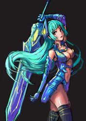 Rule 34 | 1girl, bare shoulders, black background, blue hair, blush, breasts, character request, copyright request, elbow gloves, floating hair, from side, gauntlets, gloves, hand up, haoni, headgear, holding, holding weapon, huge weapon, large breasts, long hair, long sword, parted lips, red eyes, simple background, solo, standing, thighhighs, weapon