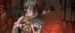 Rule 34 | 1boy, black hair, black nails, blood, blood on face, blood on hands, broken glass, chinese clothes, dao gui yi xian, dur67582477, glass, hair between eyes, hair down, hanfu, highres, li huowang, long hair, long sleeves, looking at viewer, male focus, red eyes, solo, upper body