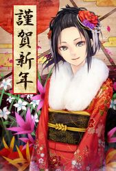 Rule 34 | 1girl, 2017, bangs pinned back, black hair, commentary request, eyeshadow, floral background, floral print, flower, hair flower, hair ornament, head tilt, highres, japanese clothes, kimono, looking at viewer, makeup, new year, obi, original, red kimono, sash, smile, solo, standing, sugi 214, translated, upper body