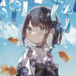 Rule 34 | 1girl, animal, back bow, black bow, black hair, blue eyes, blue flower, blue sky, blush, bow, closed mouth, cloud, commentary request, day, fish, floral print, flower, flying fish, from side, goldfish, hair flower, hair ornament, highres, japanese clothes, kimono, looking at viewer, looking to the side, obi, original, outdoors, print kimono, sash, shano-pirika, sky, solo, striped, striped bow, summer, upper body, white kimono, wind chime