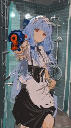 Rule 34 | 1girl, absurdres, aiming, aiming at viewer, alternate costume, apron, bathroom, black skirt, blue hair, blue ribbon, blunt bangs, center frills, commentary, corset, dot mouth, enmaided, frills, gun, hair intakes, hair ribbon, highres, holding, holding gun, holding weapon, indoors, kabuyama kaigi, kotonoha aoi, long hair, looking at viewer, low-tied sidelocks, maid, maid apron, maid headdress, nerf gun, outstretched arm, puffy short sleeves, puffy sleeves, raised eyebrows, red eyes, ribbon, shirt, short sleeves, shower head, sidelocks, skirt, skirt hold, solo, tile wall, tiles, very long hair, voiceroid, waist apron, weapon, white apron, white shirt
