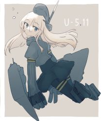 Rule 34 | 1girl, absurdres, black dress, blonde hair, blue eyes, character name, closed mouth, cropped jacket, dress, elbow gloves, full body, garrison cap, gloves, grey gloves, grey hat, grey jacket, hair between eyes, hat, highres, jacket, kantai collection, long hair, ma rukan, machinery, rigging, signature, solo, u-511 (kancolle)