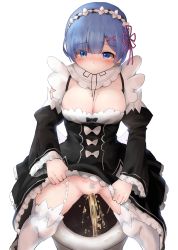 Rule 34 | 1girl, black dress, blue eyes, blue hair, blush, breasts, cleavage, closed mouth, clothes lift, detached sleeves, dress, dress lift, female focus, female pubic hair, frilled dress, frills, garter straps, hair ornament, highres, legs apart, lifting own clothes, maid, maid headdress, matching hair/eyes, medium breasts, no panties, nose blush, peeing, pubic hair, pussy, re:zero kara hajimeru isekai seikatsu, rem (re:zero), short hair, simple background, sleeveless, sleeveless dress, solo, standing, textless version, thighhighs, toilet, toilet use, uncensored, wararu (user uecx7457), white background, white thighhighs, x hair ornament