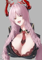 Rule 34 | 1girl, absurdres, black horns, blue archive, breasts, fangs, grey background, halo, highres, horns, kirin (mclovin9610), large breasts, long hair, looking at viewer, mole, mole on breast, multicolored horns, necktie, open mouth, pink hair, red eyes, red horns, red necktie, satsuki (blue archive), simple background, solo